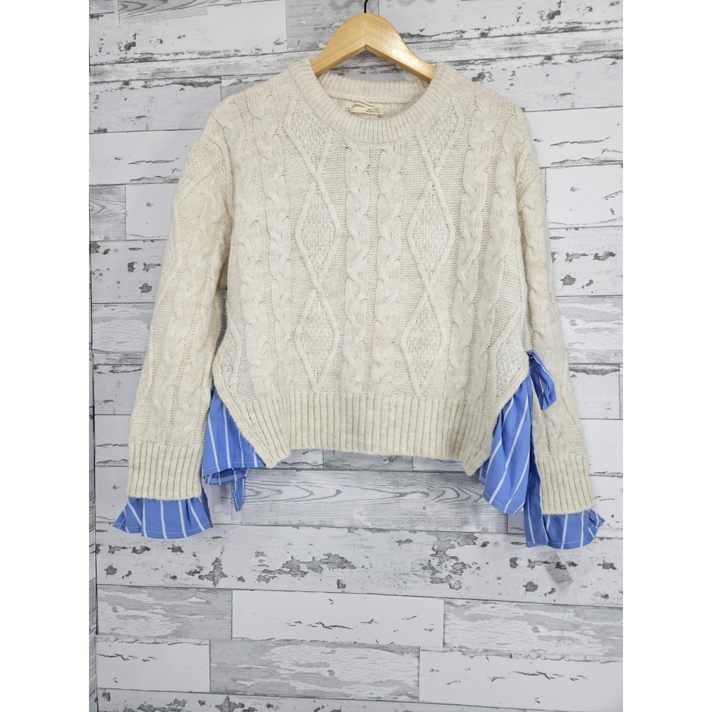 Anthropologie Cable Knit Sweater Side Tie Mixed Media Striped Ruffle Cream XS